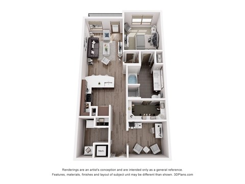 Floor plan for 1 bed, 1 bath, 864 sqft